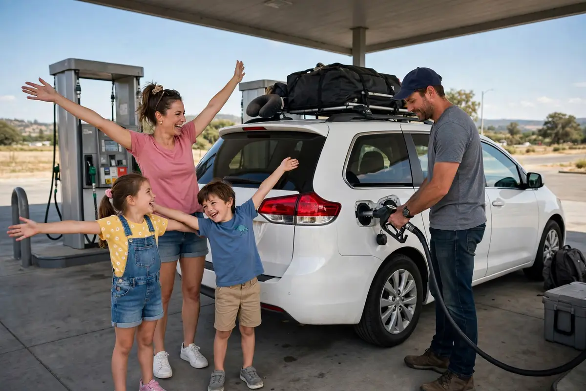Family filling up their car with free gas assistance