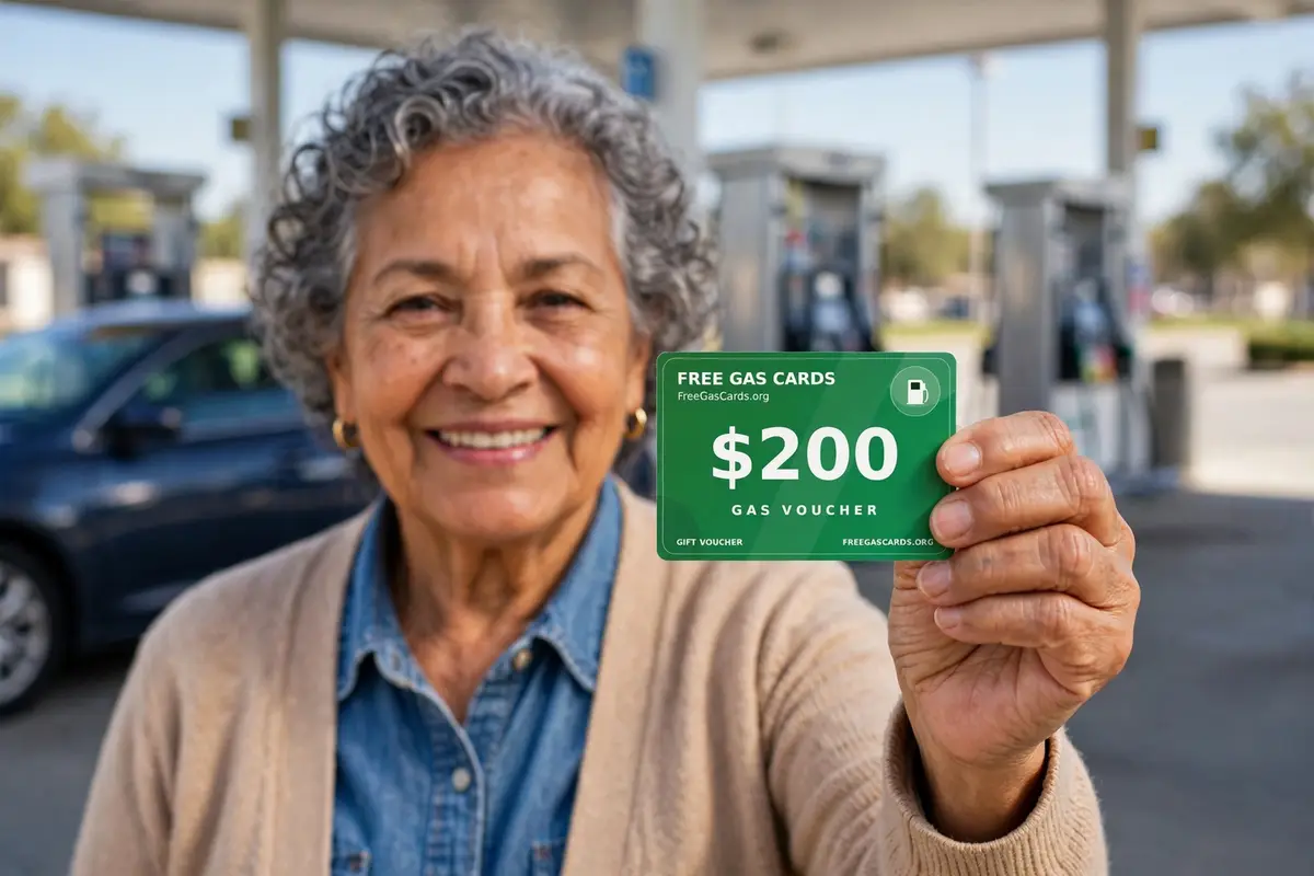 Senior woman holding a $200 free gas card for seniors and veterans