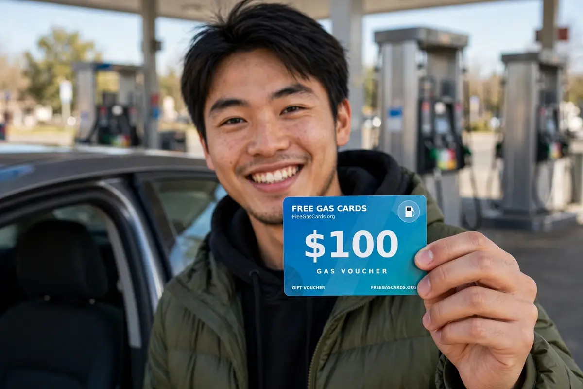 Job seeker holding a $100 free gas card